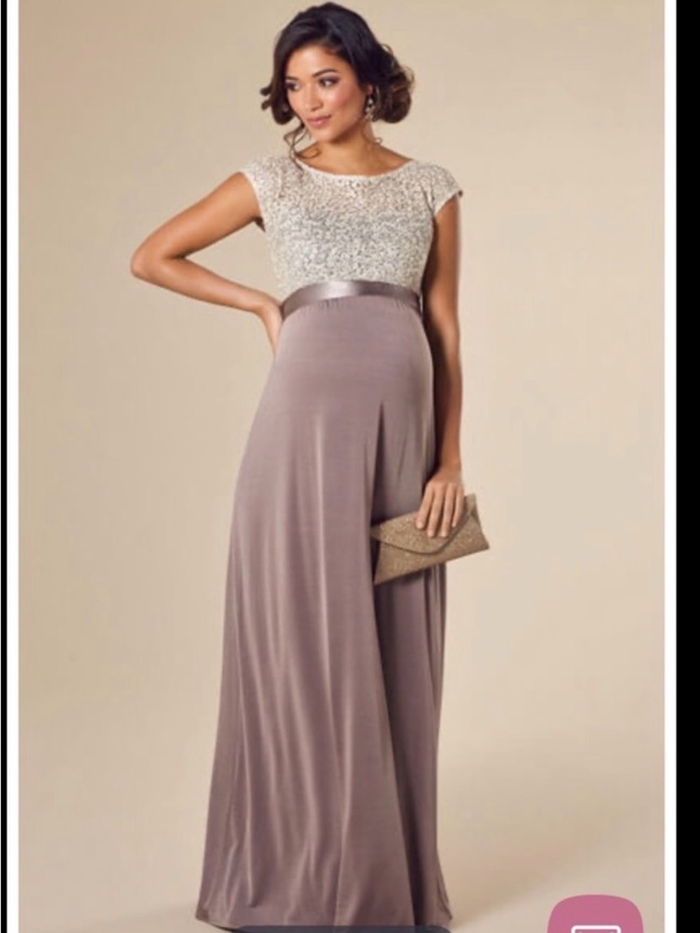 Tiffany Rose Embellished Cap-Sleeve Maternity Gown in Taupe and Ivory